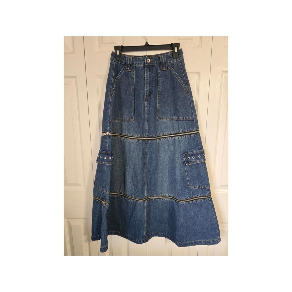 Social Collision Blue Denim Convertible Zipper Tiered Maxi Cargo Skirt XS